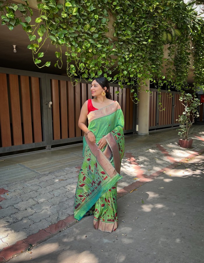 Perrot green Pure Paithani Saree