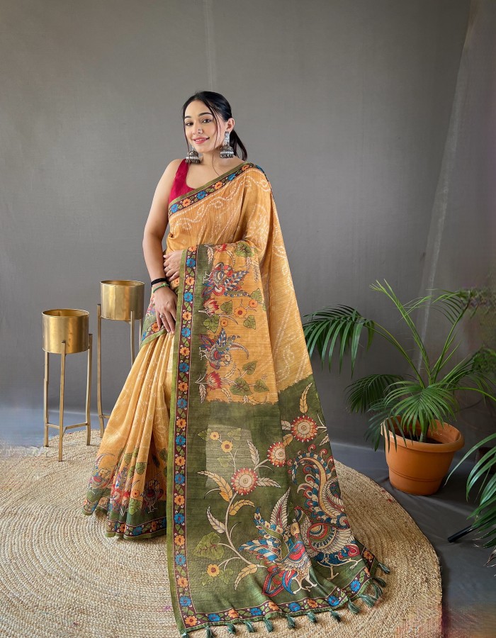 Yellow Soft Kalamkari Printed Saree