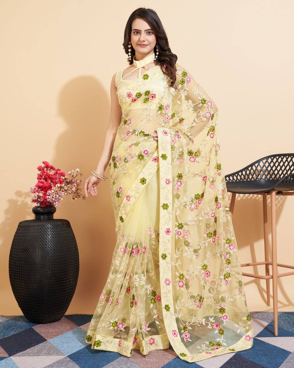 Yellow Color Net Embroidery Work Saree