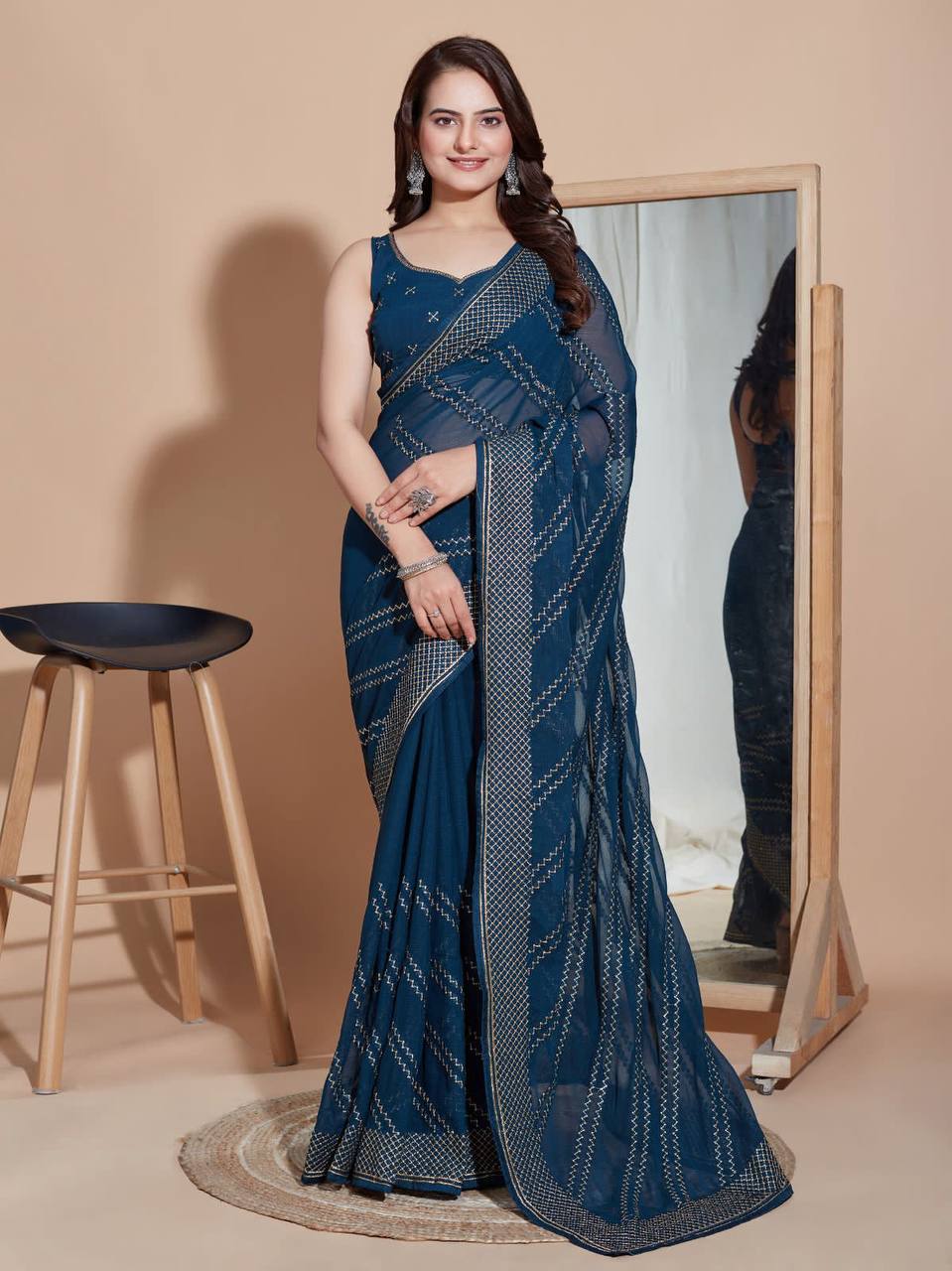 Navy Blue Color Sequence Work Saree