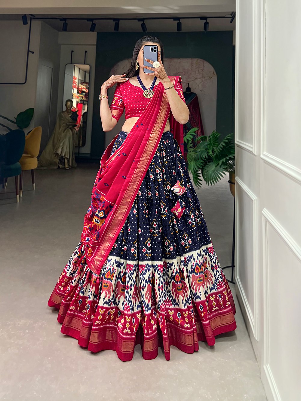 Navy Blue Color Patola Print Lahengha choli