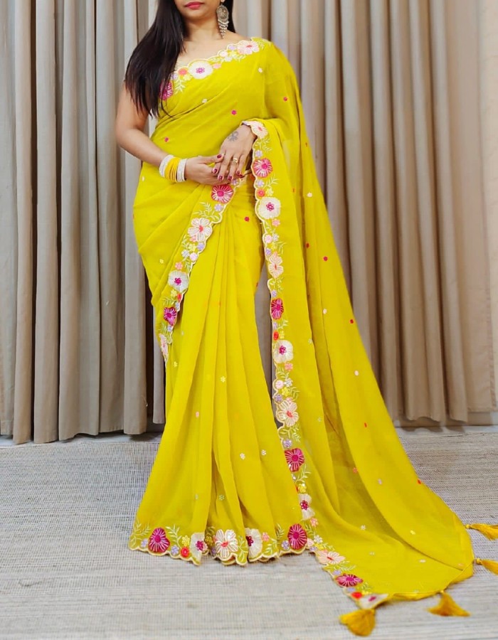 Yellow Georgette Work Saree