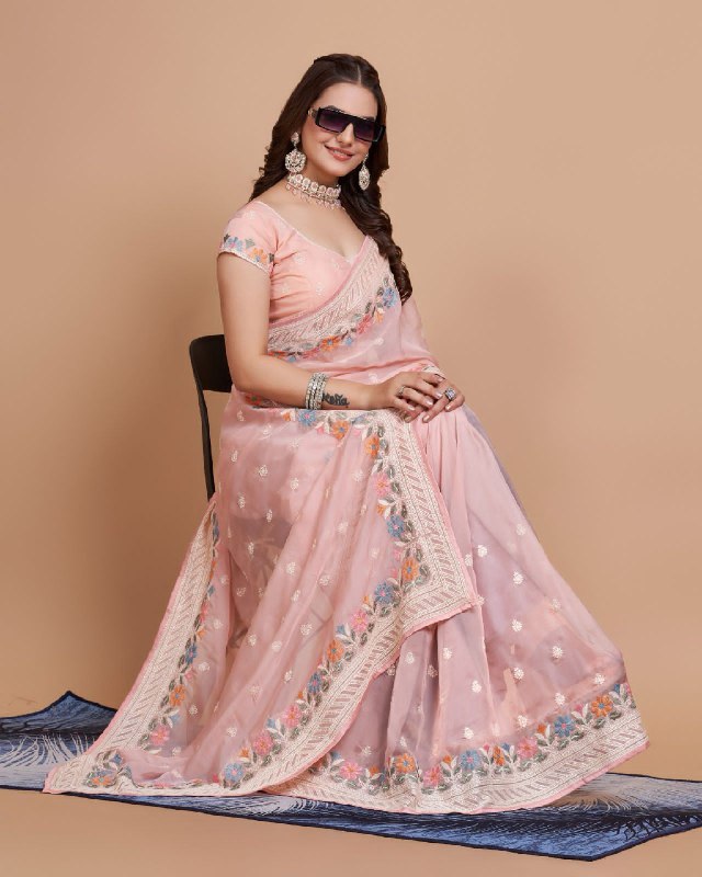 Pink Color Organza Embroidery Work Saree