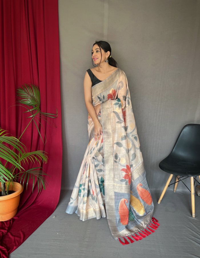 Gray Floral Printed Saree