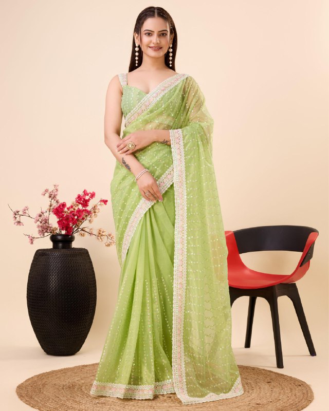 Green Soft Net Embroidery work saree