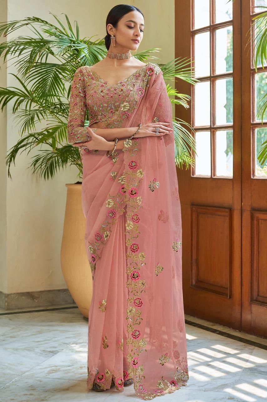 Pink Georgette Embroidery Work Saree