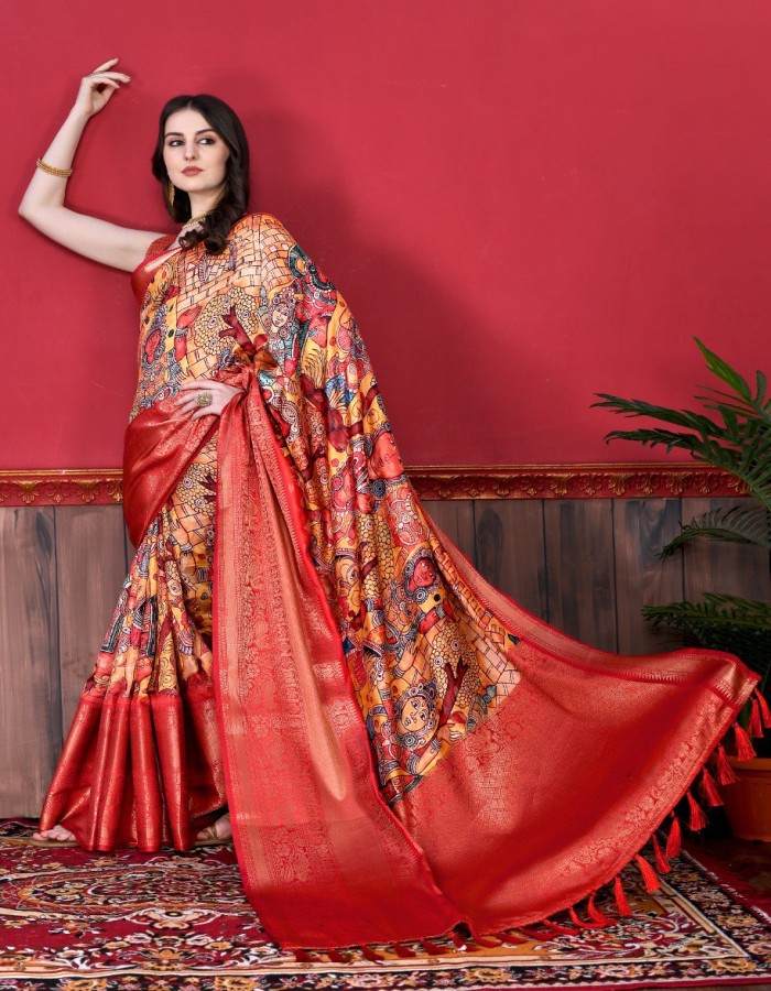 Orange Color Kalamkari Printed Saree