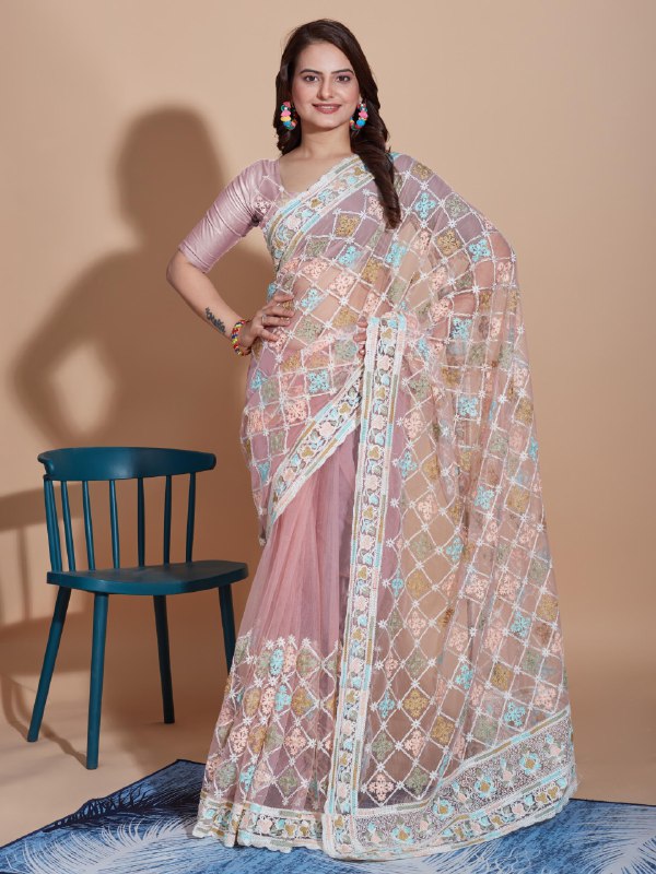 Pink soft Net Embroidery Work Saree