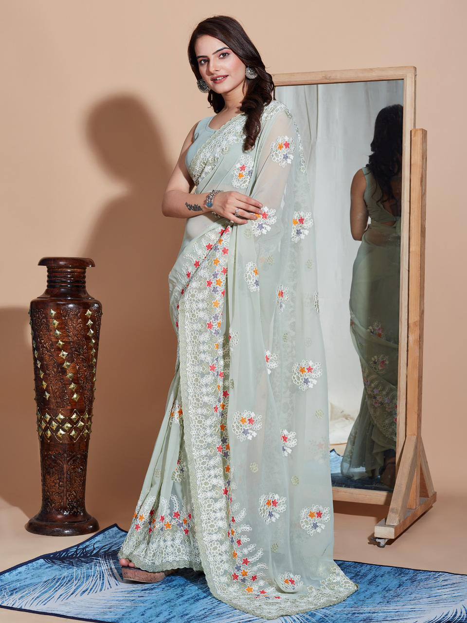 Sky Blue Color Soft Net Embroidery Work Saree