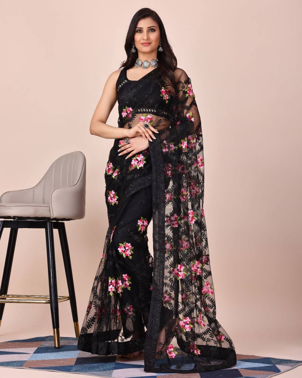 Black Color Soft Net Embroidery Work Saree