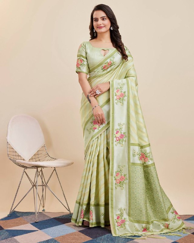 Pista Green Color Cotton Banarasi Silk Saree