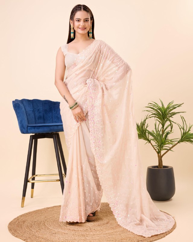 Cream Color Organza Embroidery Saree