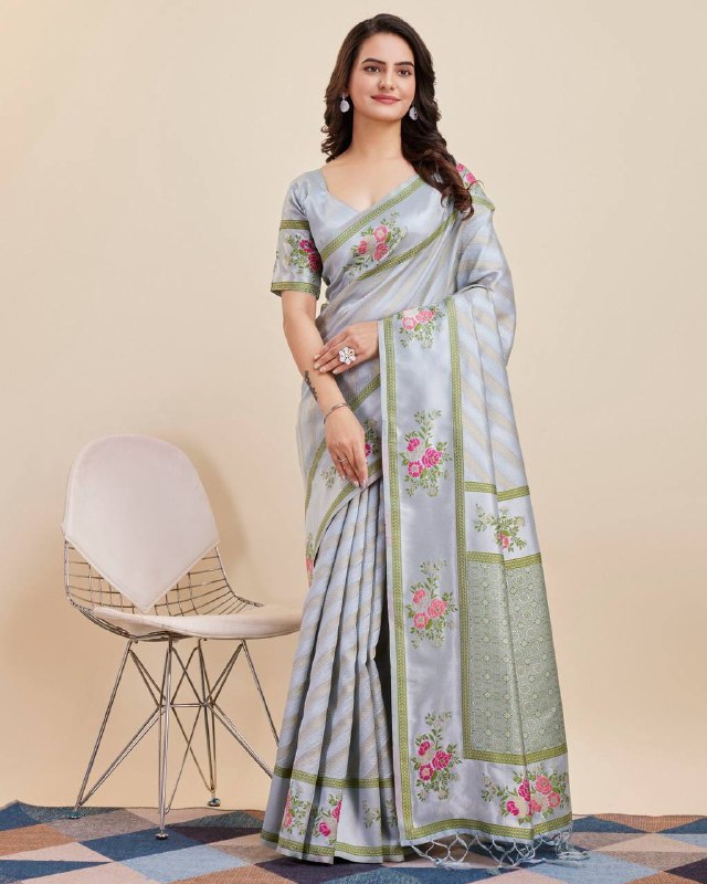 Gray Color Cotton Banarasi Silk Saree