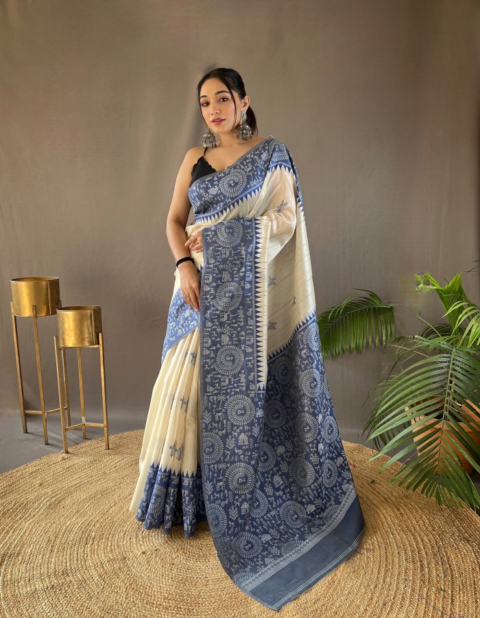 Navy Blue White Tussar Silk Saree