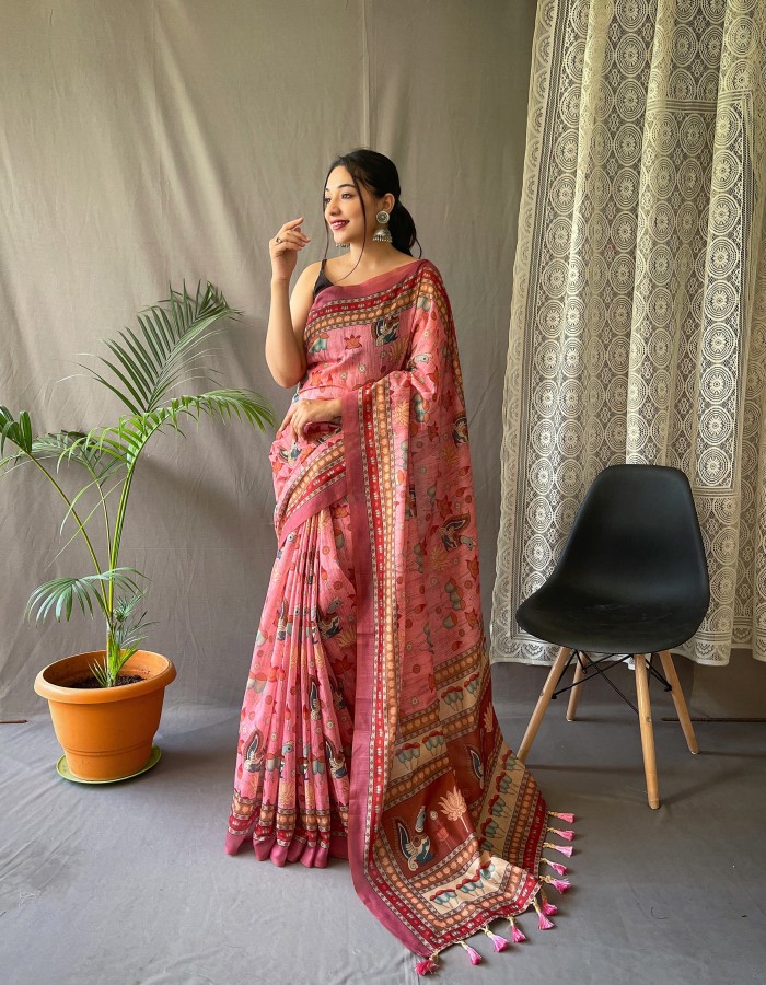 Pink Color Cotton Printed Saree