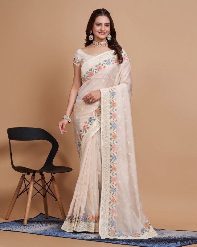 White Color Organza Embroidery Work Saree