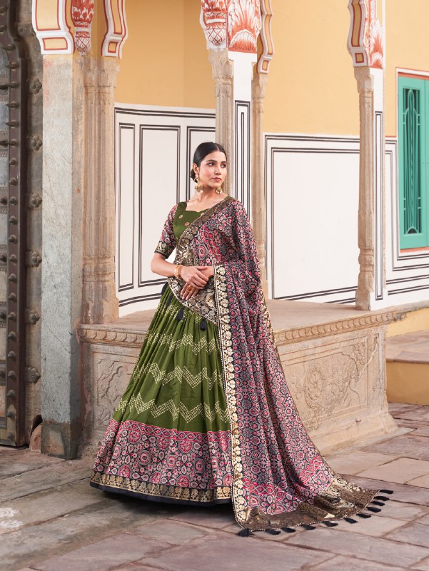 Green Color Zig Zag Print Lahenga Choli Dupatta