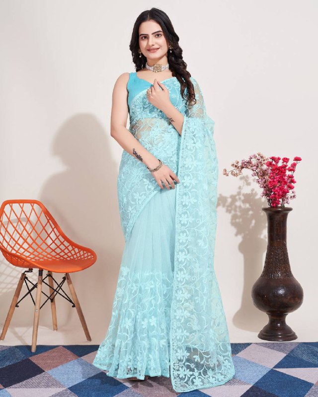 Sky Blue Soft Net Embroidery Work Saree