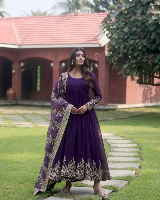 Purple Long Gown Dupatta With Bottom
