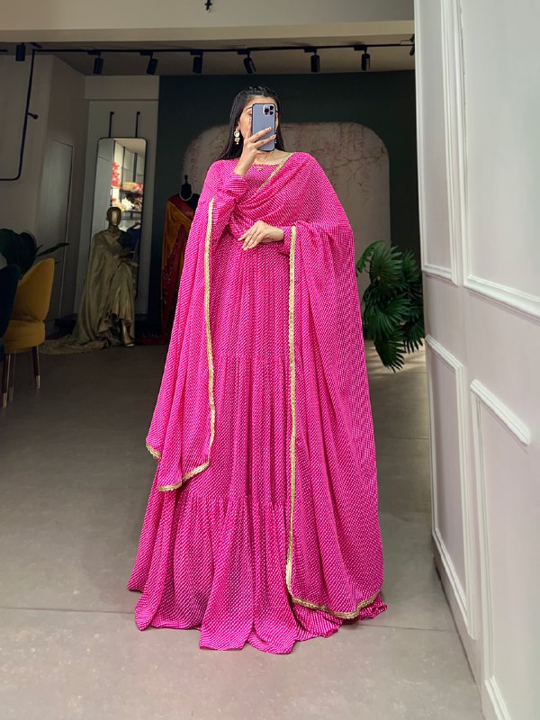 Pink Printed Long Gown Dupatta Set