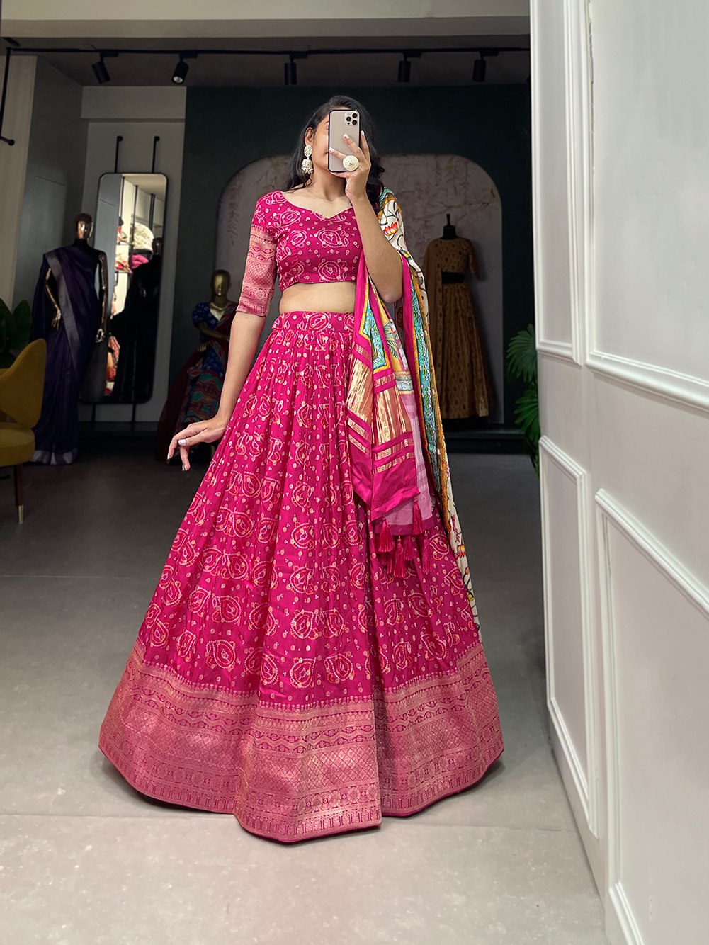 Pink Print Lahenga Choli With Dupatta