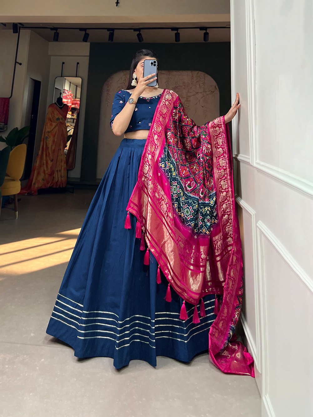 Navy Blue Plain Lahenga Choli With Dupatta