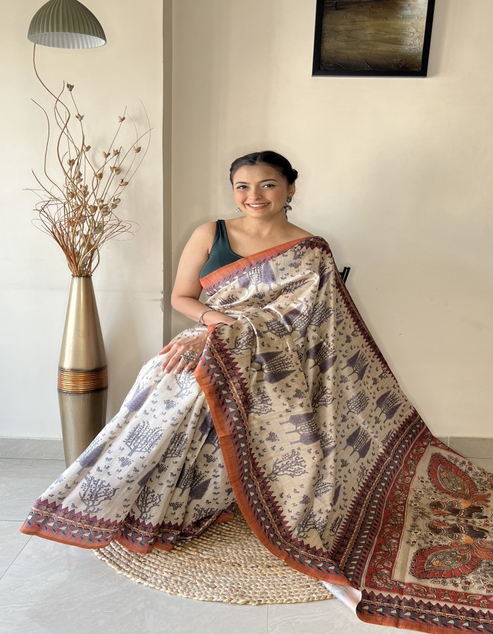 Orange Color kalamkari Printed Saree