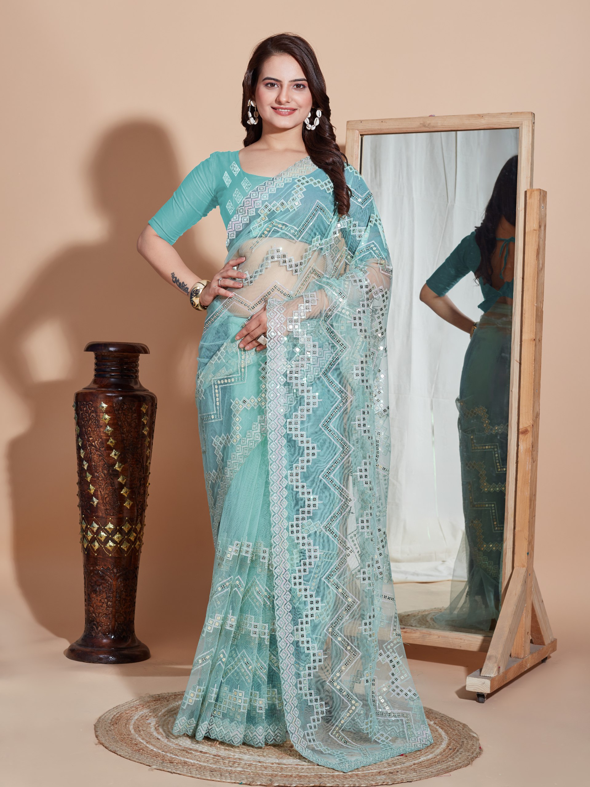 Rama Color Net Embroidery Work Saree