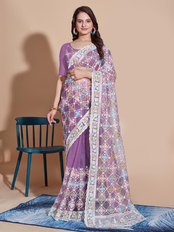 Purple color Soft Net Chikankari Work Saree