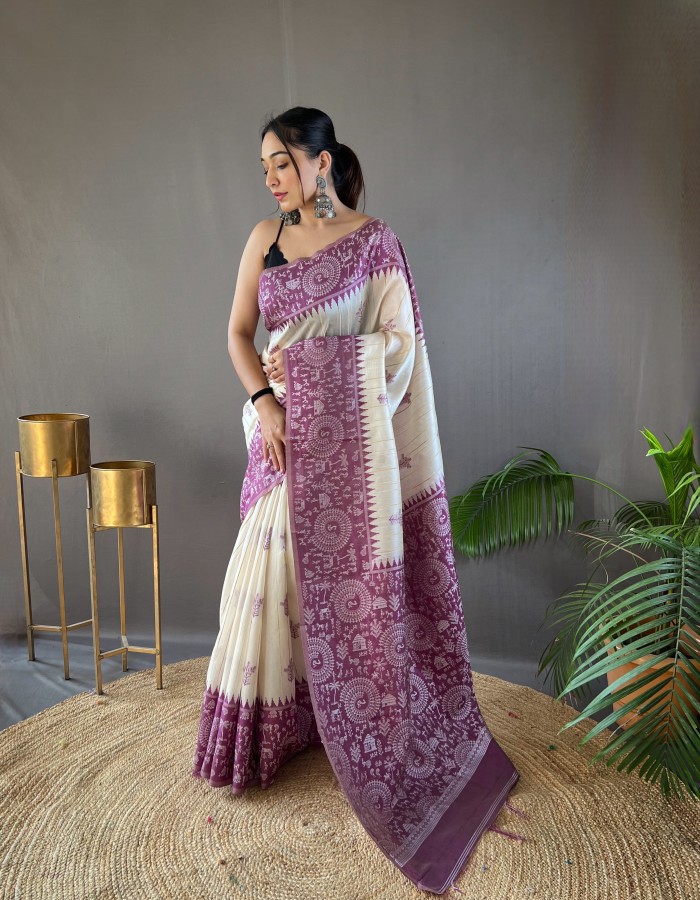 Purple White Color Tussar Silk Saree