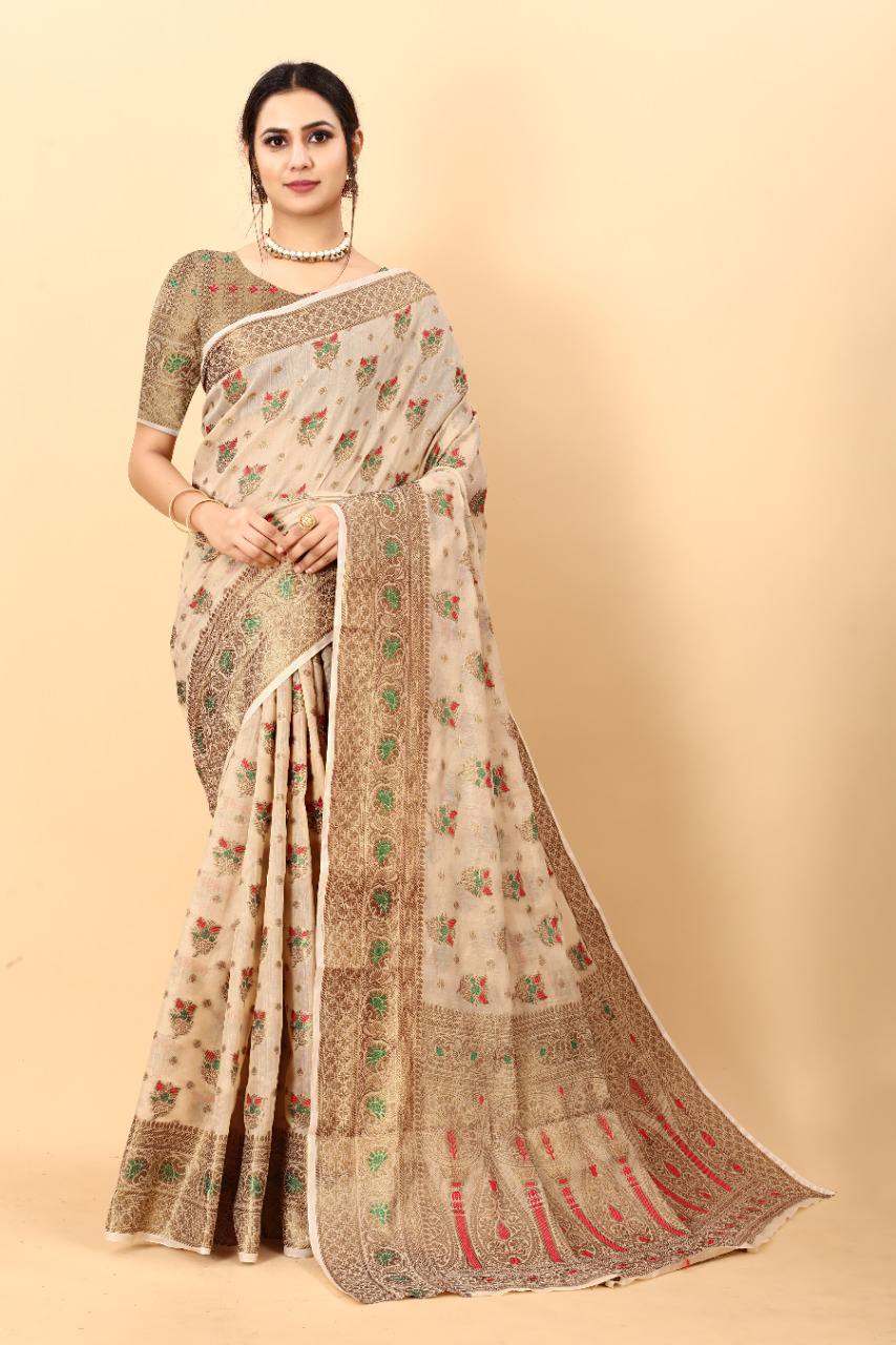 Chiku Color Cotton Silk Saree