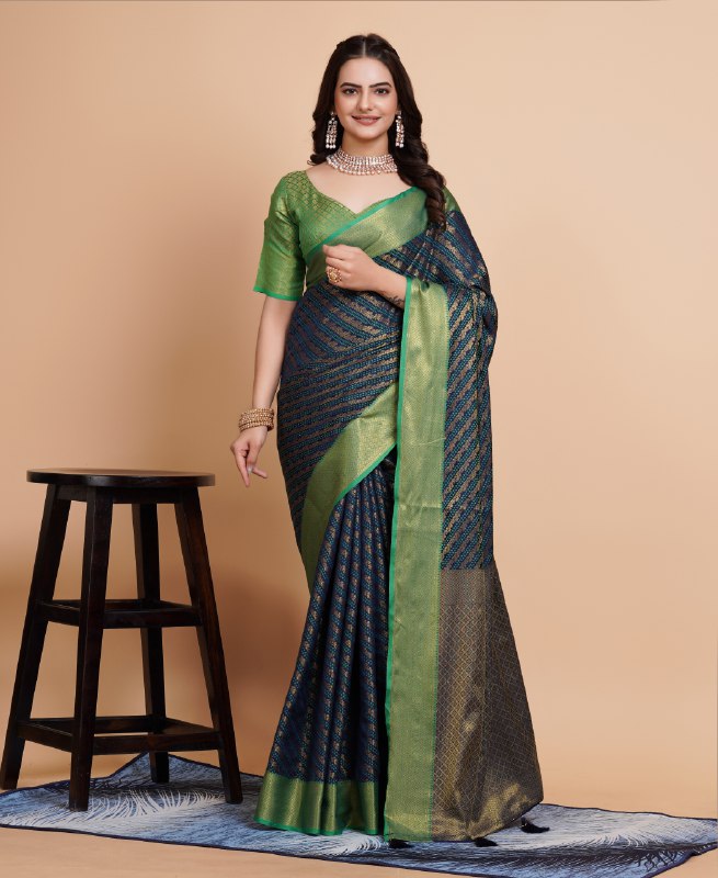 Navy Blue Color Leriya Banarasi Saree