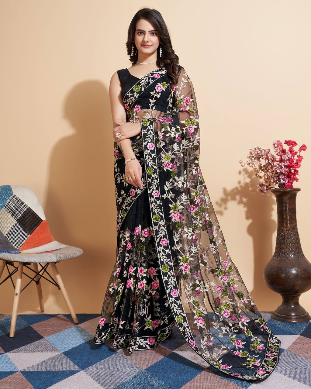 Black Soft Net Work Saree