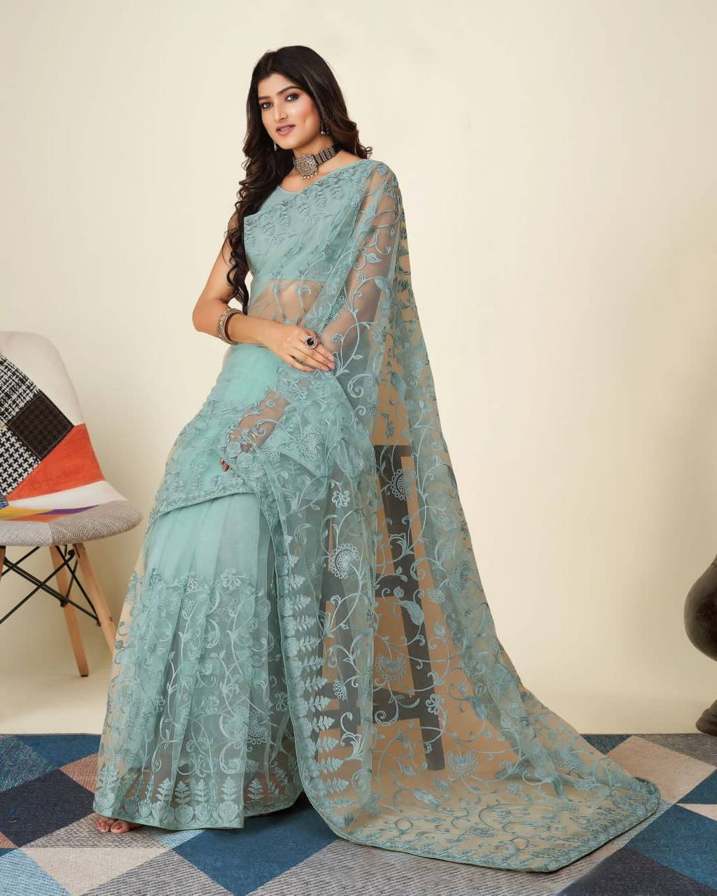 Rama Color Soft Net Embroidery Work Saree