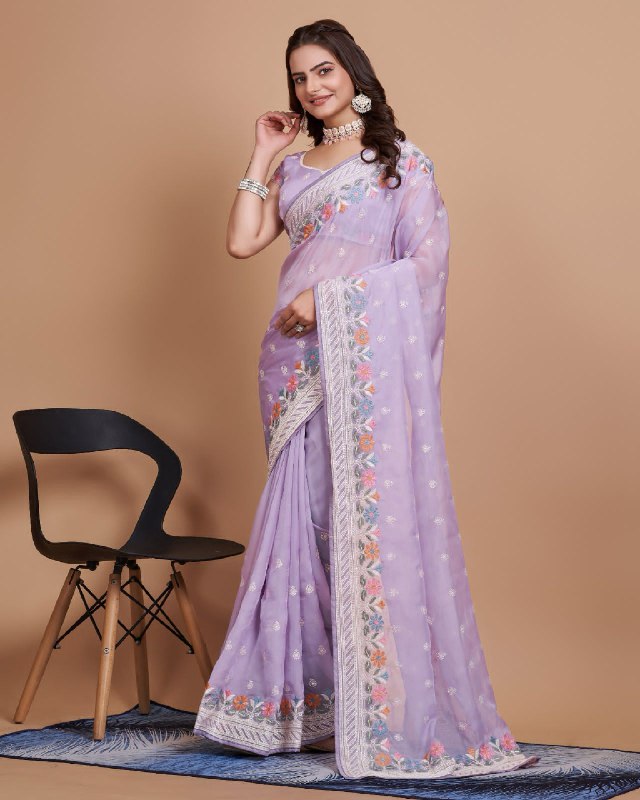 Violet Organza Embroidery Work Saree