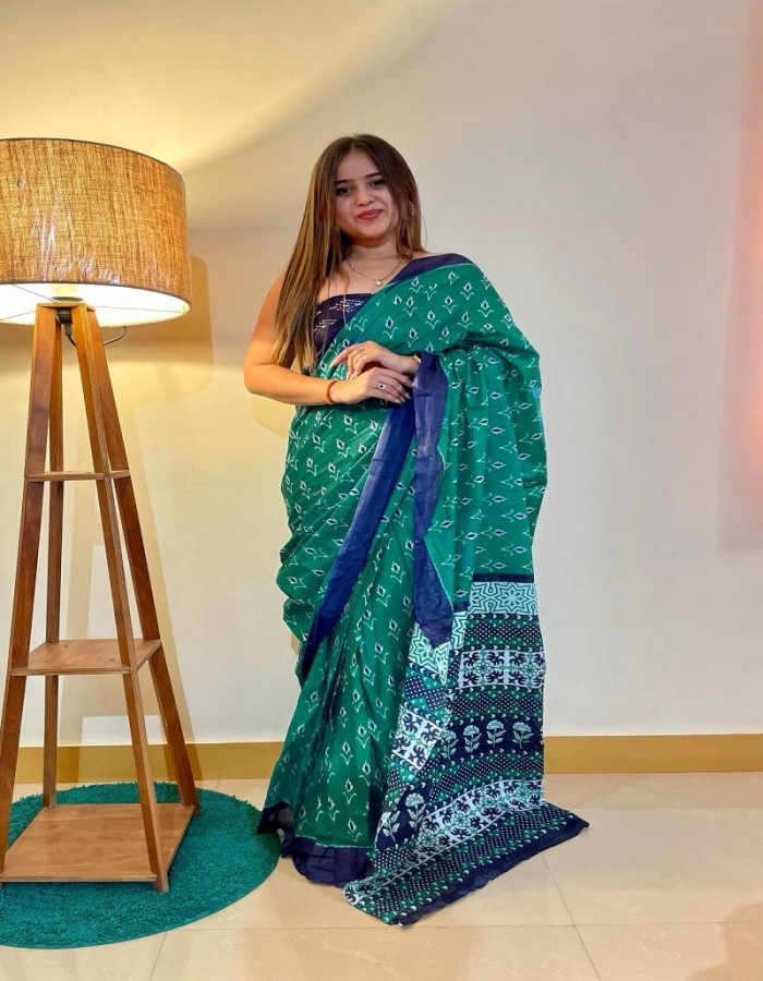 Green Color Cotton Printed Saree