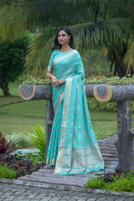 Rama Organza Zari Border Saree