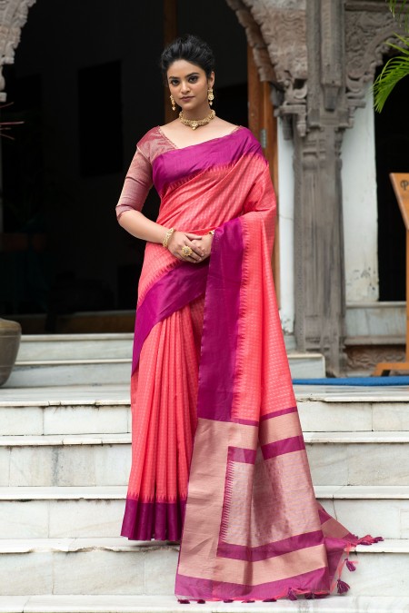 Pink Color Tussar Silk Saree