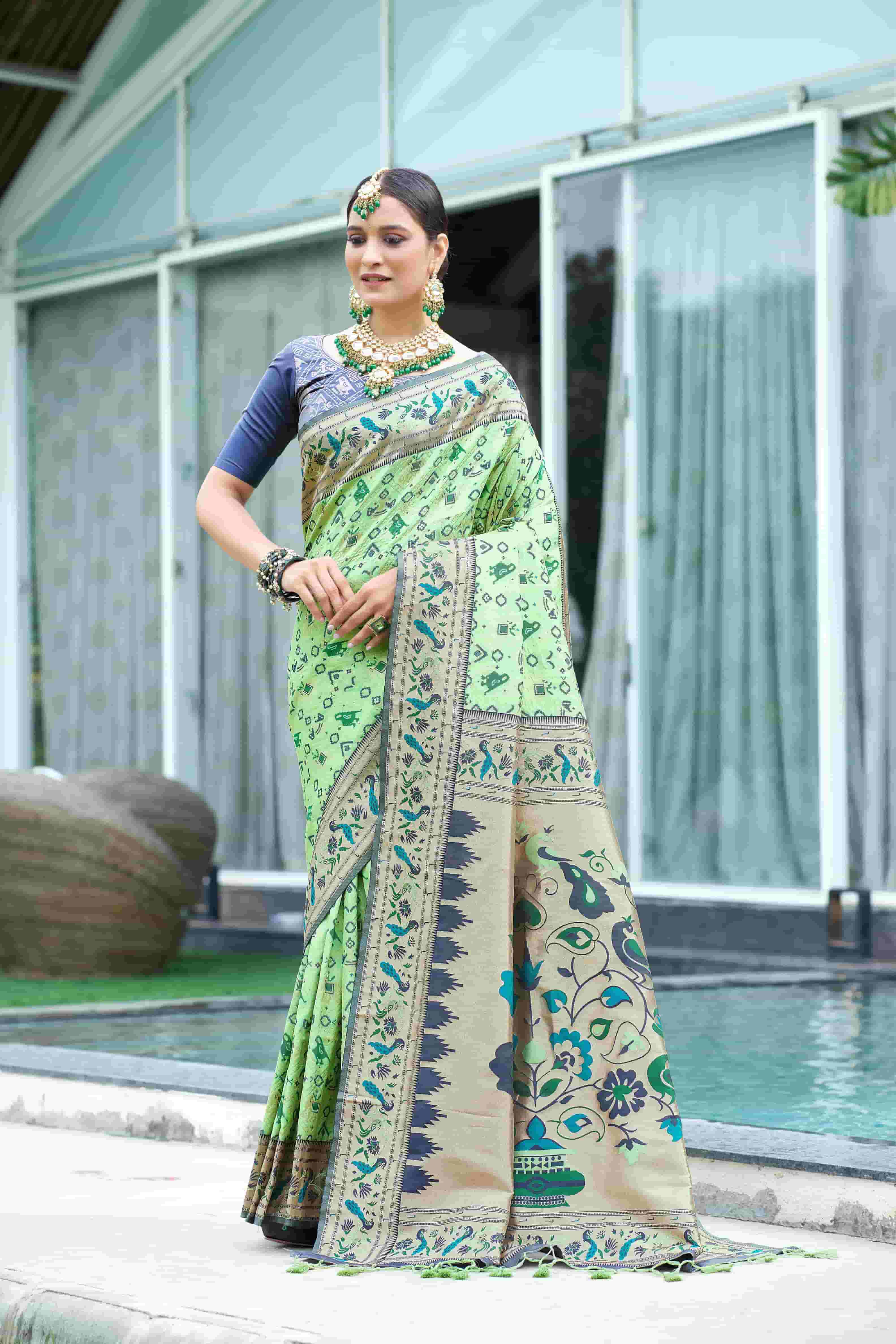 Pista Green Color Patola Silk Saree