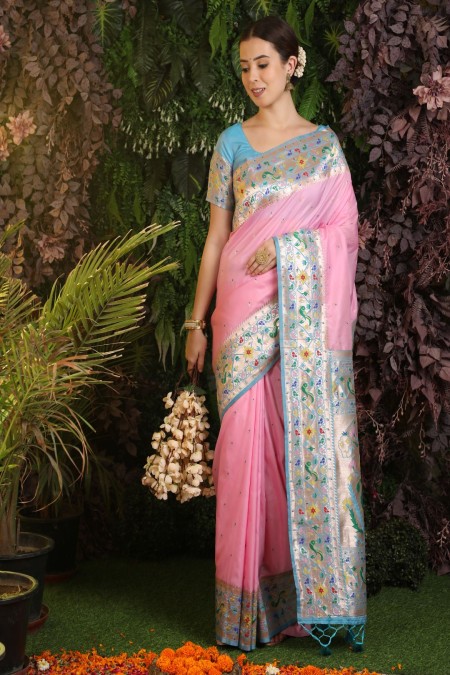Baby pink Color Woven Paithani Silk Saree