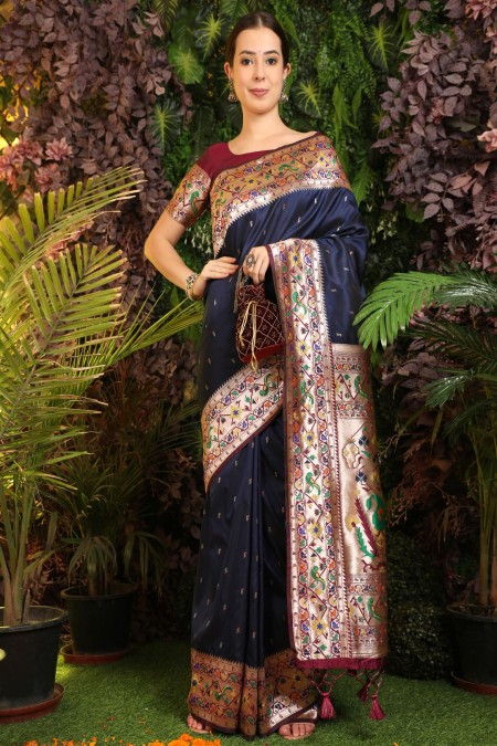 Navy Blue Color Soft Silk Paithani Silk Saree