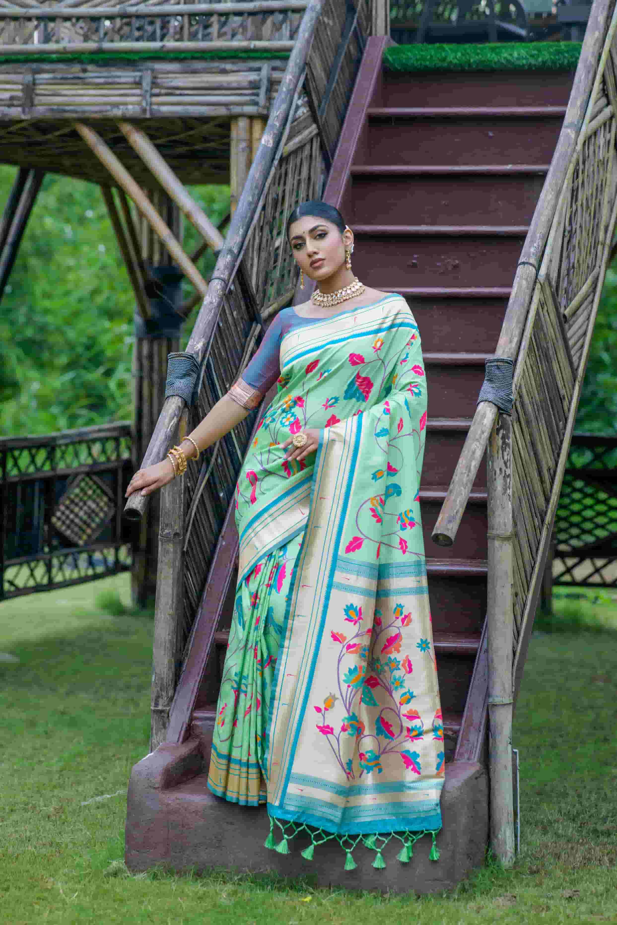 Pista Green Banarasi Paithani Saree