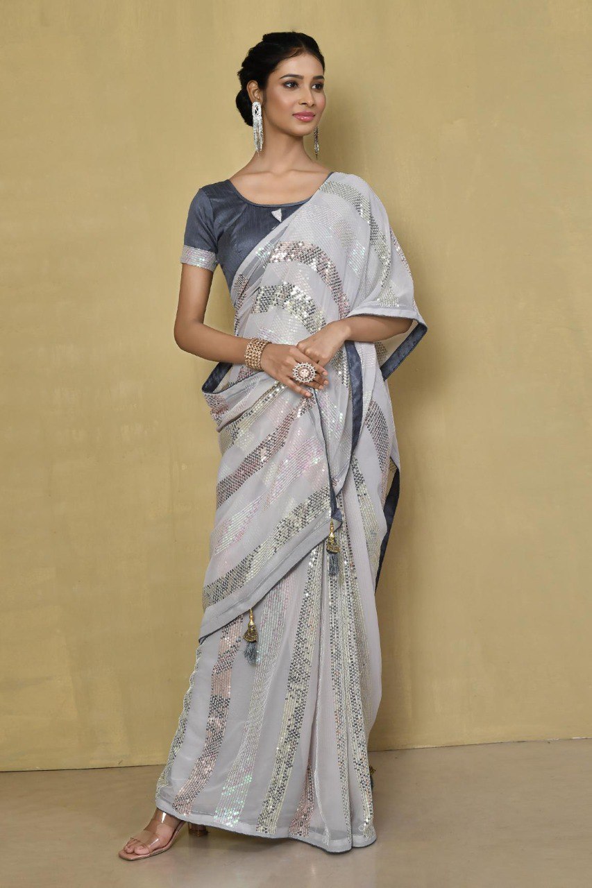 Gray Color Georgette Striped Sequence Work Saree