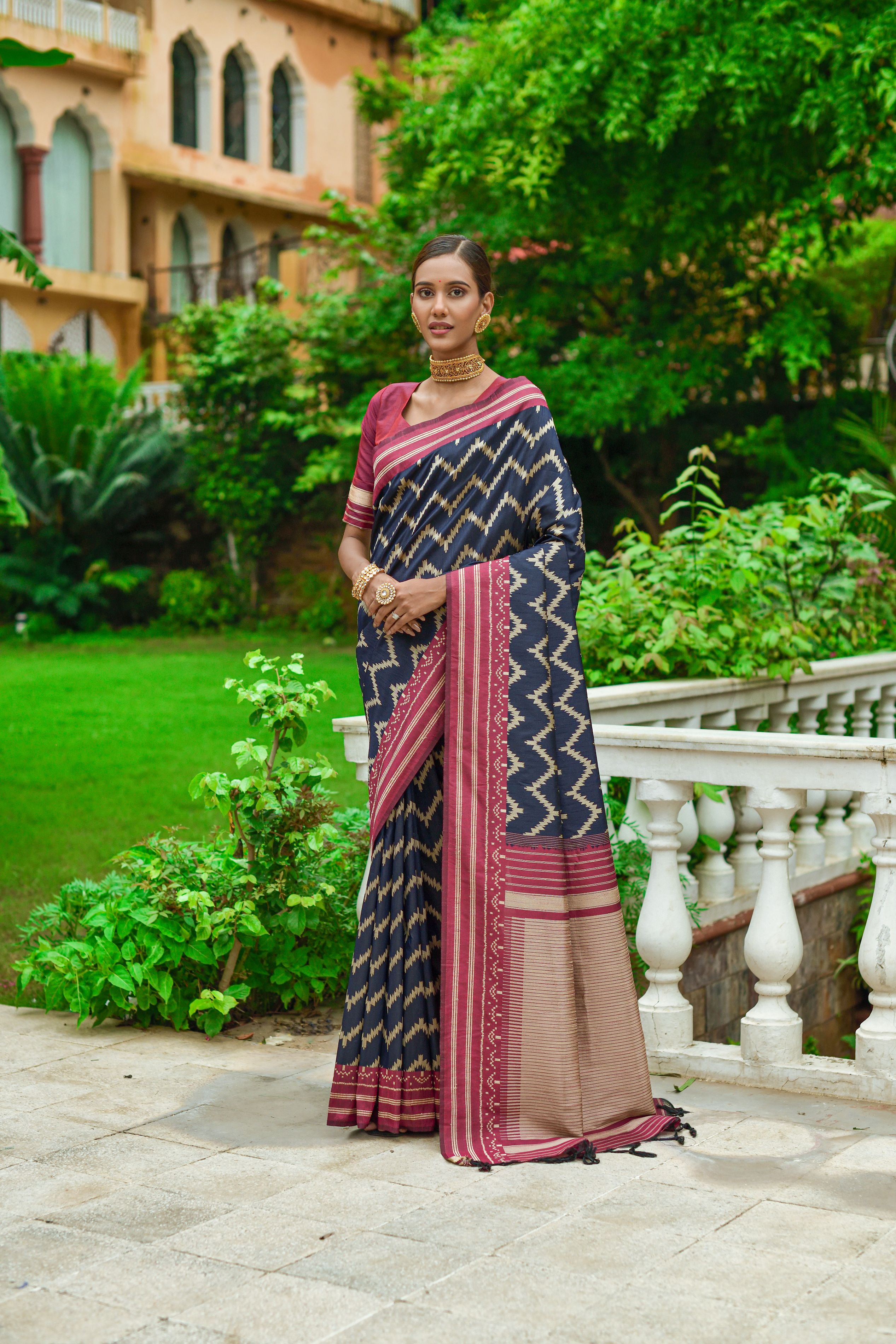 Navy Blue Raw Silk Banarasi Silk Saree