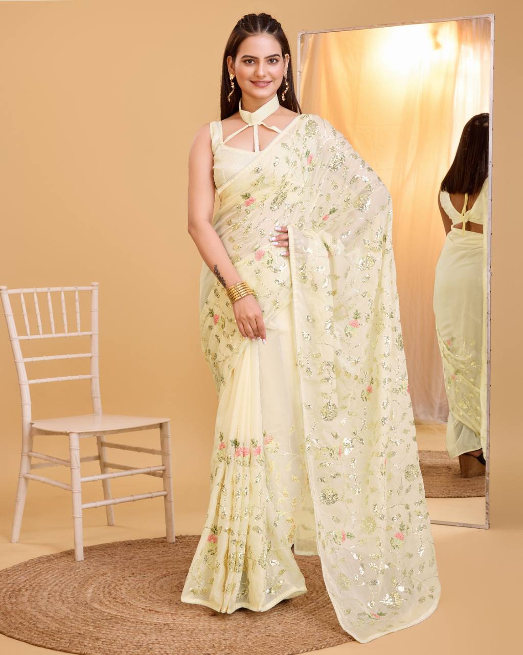 Cream Organza Sequence Work Saree