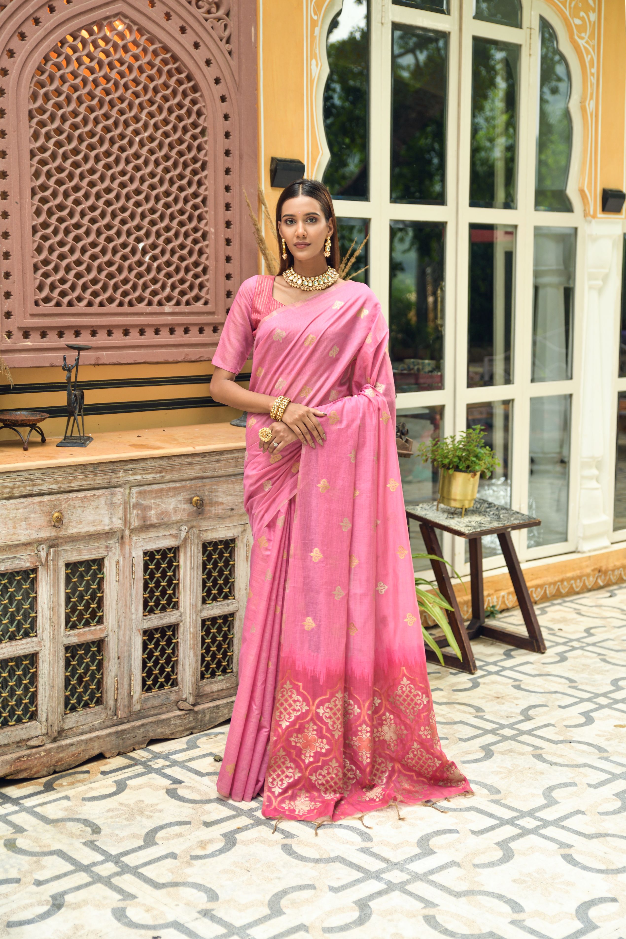 Pink Color Chnderi Cotton Saree