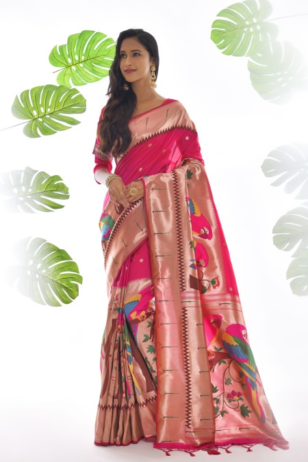 Pink Woven Paithani silk Saree