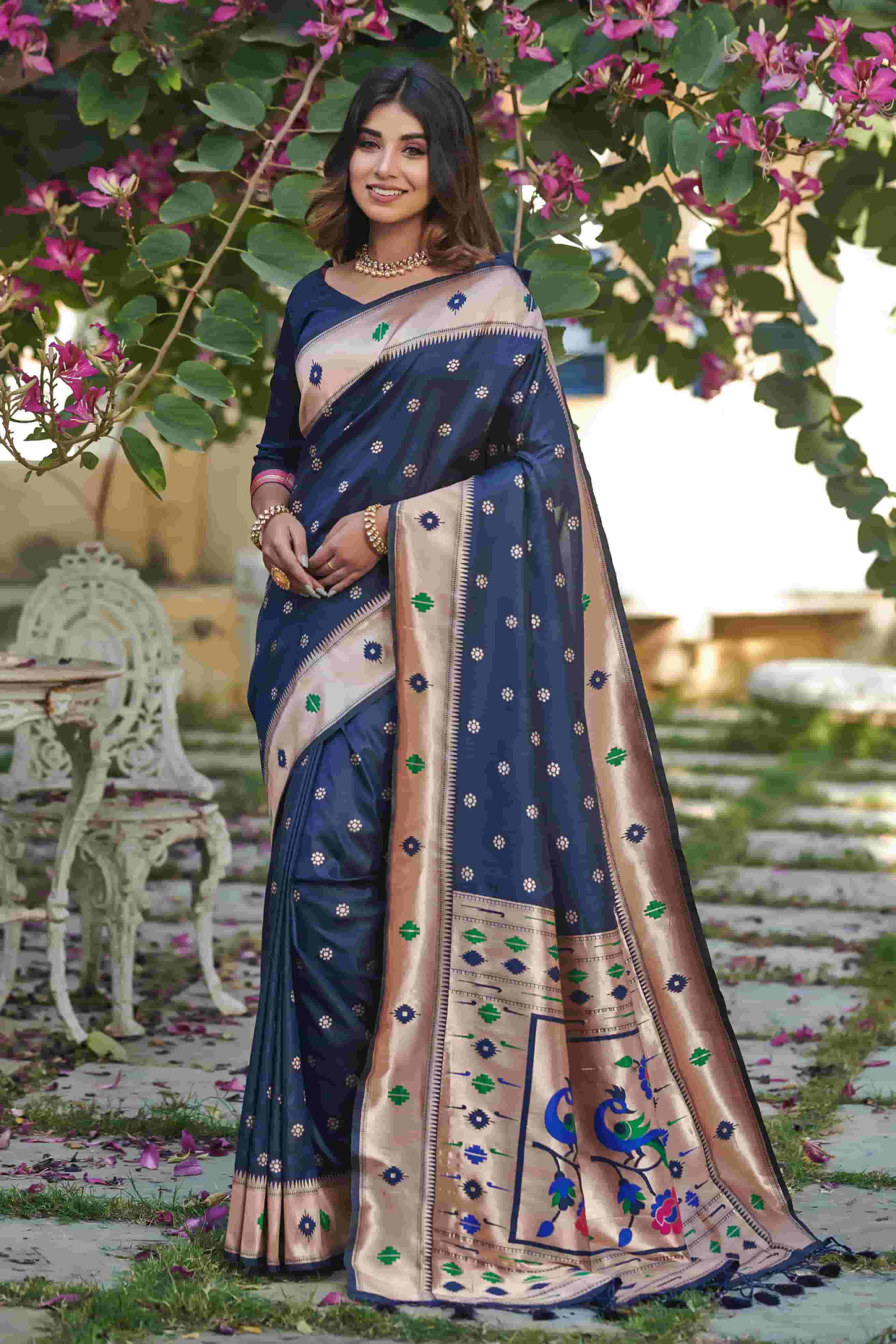 Navy Blue Soft Silk Paithani Saree