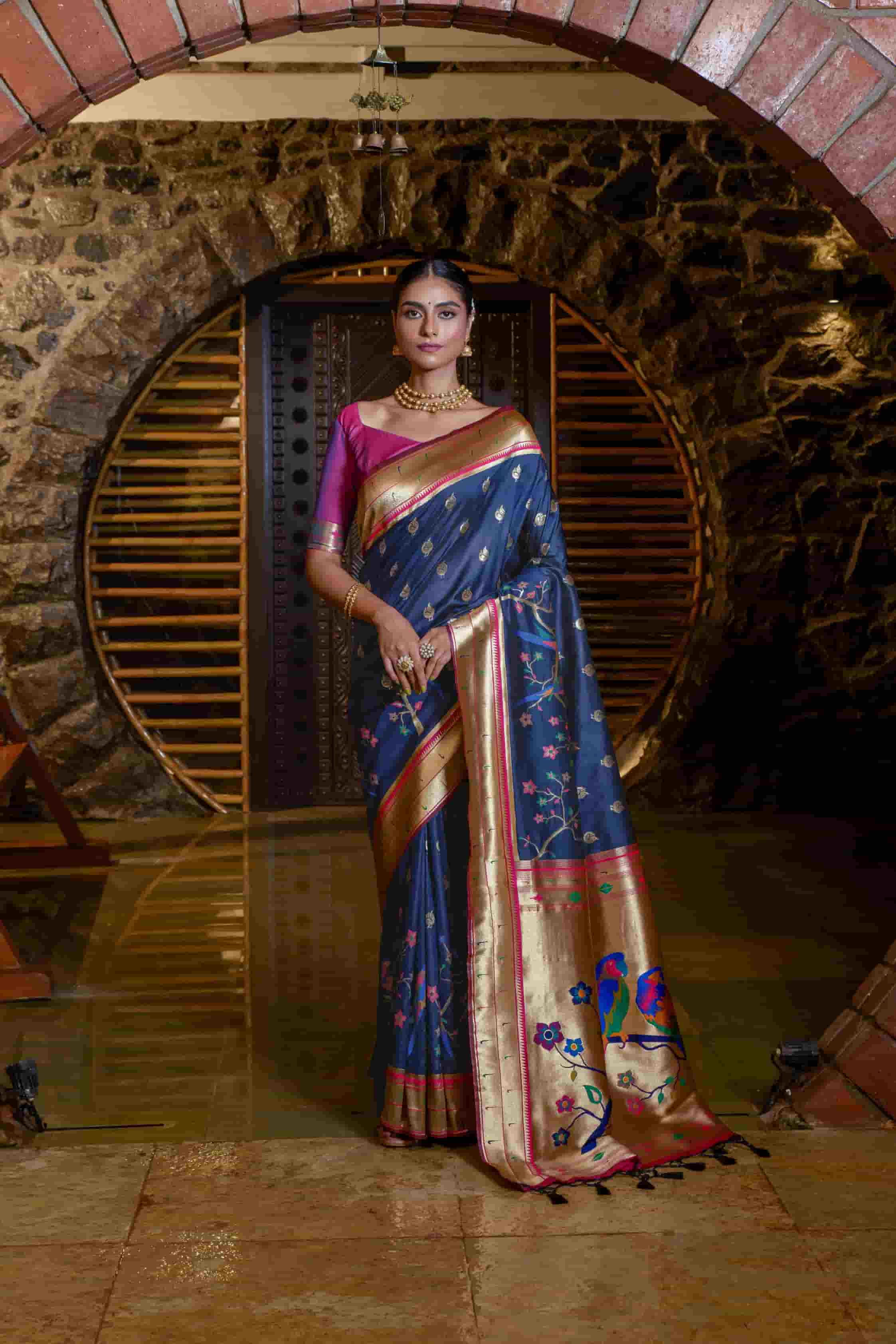 Navy Blue Color Banarasi Paithani Saree