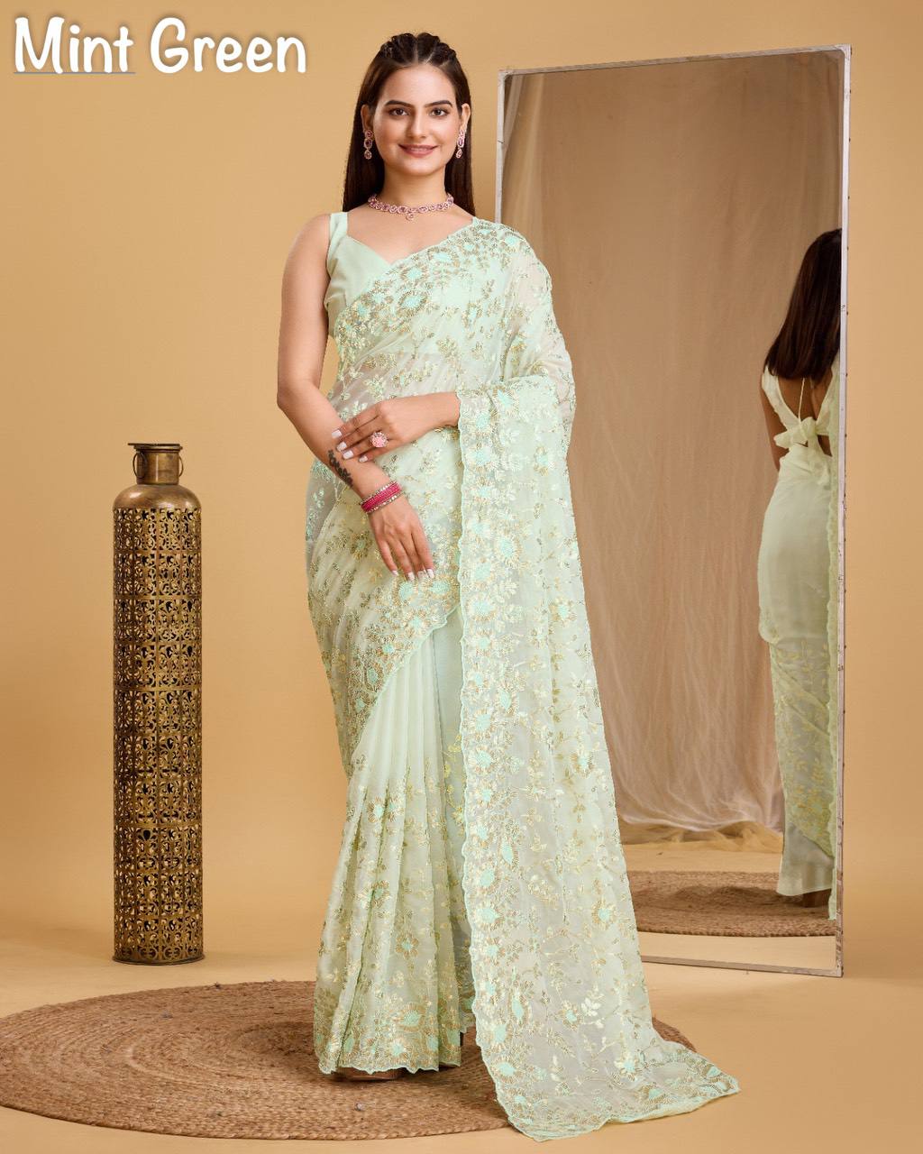 Perrot Green Organza Silk Sequence Work Saree